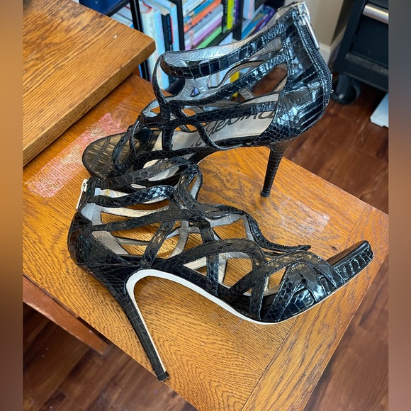 Sam Edelman Black Snakeskin Strappy 5” Heels - Picture 3 of 5